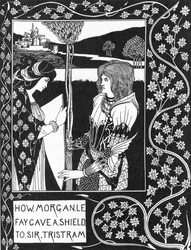 Arthurian Legend: The fairy Morgane gives a shield to Tristan. Engraving in The story of Tristan and his adventures, which includes his love story with Isolde. The Morte of Arthur by Sir Thomas Malory, edition illustrated by Aubrey Beardsley