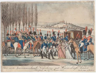 Napoleon introducing Empress Marie-Luise to his family outside pavilion near Soissons