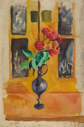 Japanese Roses in Blue Glass