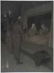 Njal, Bergthora and Thord Karisson Decide to be Burned Alive. Illustration for Njal’s Saga, ch. 129