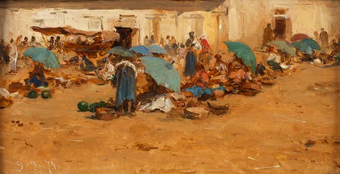 Hungarian Market with Blue Umbrellas