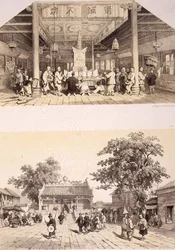 Interior of the Temple of Buddha and a Little Square in the Suburbs of Canton, plates 25 and 26 from 