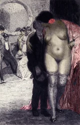 Interior of a French Brothel. A Client with a Prostitute. Illustration by Auguste Leroux