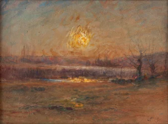 Sunset on the pond in the countryside