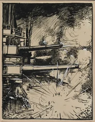 Bomb Exploding on an Armored Ship with Cannons Aimed