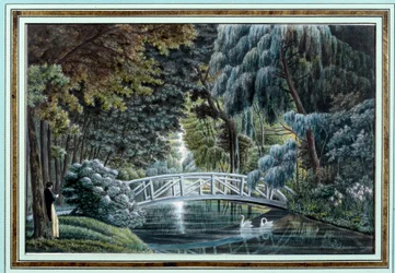 View of the wooden bridge over the river to the left of the castle of Malmaison