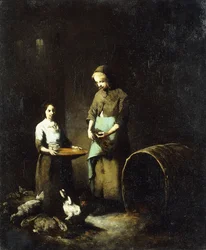 Young Peasant Girls Feeding Barnyard Animals