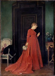 The Arrival. An Elegant Woman in a Red Dress Prepares to Knock on a Door. Painting by Auguste Toulmouche
