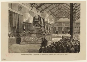 Last honors to Giacomo Meyerbeer in Paris, at the Northern Railway Station on May 6, 1864, ca 1864