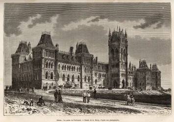 The Palace of Parliament in Ottawa, engraved after a drawing by A. Deroy, illustrating an excursion to Canada and the Red River of the North by H. De Lamotte, published in 