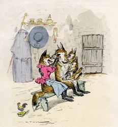 Illustration by A. Vimar for the Novel de Renart, edition Henri Laurens 19th century - Goupil and Hermeline the fox, his wife, home, with their children the little foxes