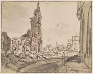View over the northeast and northwest corners of Grand Place after the bombardment in 1695