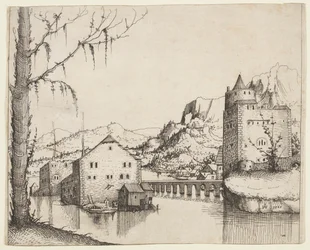 River Landscape with Two Buildings Connected by a Bridge