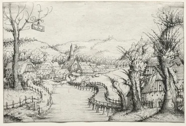 River Landscape with Three Bare Willow-Trees at Right and a Long Winding Wooden Bridge at Centre Leading to a Village