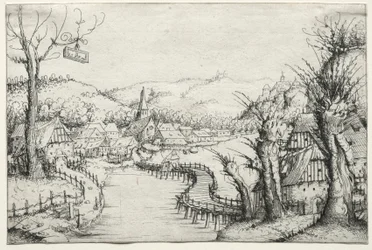 River Landscape with Three Bare Willow-Trees and a Long Winding Wooden Bridge