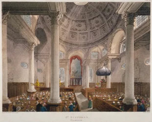 Interior of the Church of St Stephen Walbrook during a service, City of London, 1809