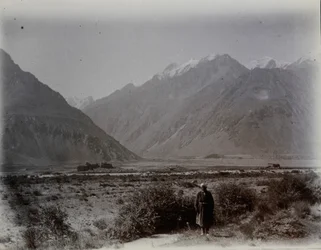 Kala-i-Panja forts from Kusht-sam spur. Distant view across valley towards forts, with mountains beyond, 2 September 1915