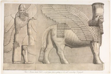 Monuments of Ninevah: Plate 3, Human-headed Bull and Winged Figure from a Gateway in the Wall Surrounding Kouyunjik (Quyunjik)
