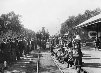 A touring recruiting train at the railway station with some of the towns citizens, Wallumbilla, Queensland, c.1916