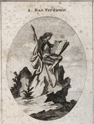 Allegory of Merit represented at the top of a steep rock with weapons and a book symbolizing it as the result of his works and studies. Engraving in 