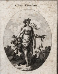 Allegory of Abundance. We represent her beautiful and gracious. The crown of flowers means the joy of her gifts. The bouquet of ears and the different veggies that she holds in her hands repent to her feet, marking the abundance and neglecting the economy.