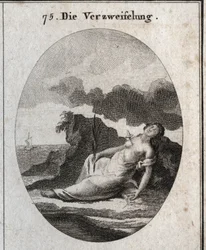 Allegory of Desperation depicts a dagger in the breast and a branch of cypress in the hand (tree that once adorned the tombs). The breeze compass is the emblem of the disorder of thought. Engraving in 