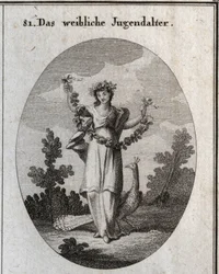 Allegory of adolescence (teenage girl) represented by a young woman with a crown and a garland of flowers to denote happy felicity. The peacock represents the love of adornment. Her foot is placed on an hourglass. Engraving in “Iconologie o”