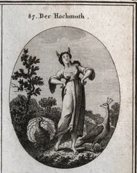 Allegory of arrogance. His donkey ears mark ignorance and his posture denotes his pride. The peacock is a symbol of pride and the turkey displaying its tail is that of stupidity. Engraving in “Iconologie oder Ideen aus dem Gebiete der Leidenschaften und