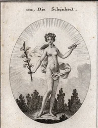Allegory of beauty. The compass is the emblem of the accuracy of proportions. The lily is the symbol of beauty. Engraving in 