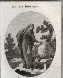Allegory of bitterness. She looks sadly at an absinth plant that germinated in a honey hive. Engraving in 