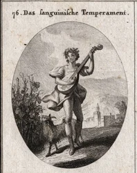 Allegory of Blood Complexion. The goat who eats grapes shows that blood is brought to the pleasures of love and Bacchus. Engraving in 