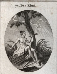 Allegory of calamity. She sits on breezes whose fragility is the image of the instability of fortune and the miseries of life. Engraving in 