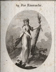 Allegory of concord represented with a crown of pomegranates emblem of union. The olive branch and a symbol of peace and the bundle of rods tightly tied together marks the power of united forces. Engraving in 