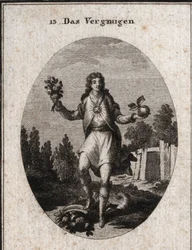 Allegory of Contentment represented by a young man holding a golden apple with one hand and a bouquet of flowers with the other. They show that everything that surrounds him participates in his joy, which is symbolized by the ruby radiating on his chest. I
