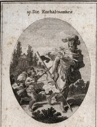 Allegory of Continence, Heroic Virtue Represented as a Warrior with a Helmet and a Spear Turned Towards the Earth. She Avoids Fighting Passions (Represented by Love) and Defends Herself from Their Atraits to Preserve Her Chastity. Engraving in Iconologi