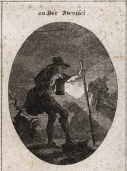 Allegory of doubt represented by a young man walking through the darkness with a lantern and a boat that he helps to find its way through several paths filled with stones. Engraving in 