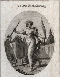 Allegory of emulation. The trumpet and palm symbolize the reward attributed to merit. The attributes are two roosters ready to fight. Engraving in “Iconologie oder Ideen aus dem Gebiete der Leidenschaften und Allegorien bildlich dargestellt für Zeichner”