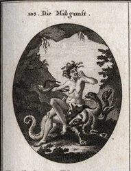 Allegory of Envy in the Form of a Very Ugly Old Woman. In Rage, She Bites Her Fist and a Snake Tries to Bite Her Heart. She