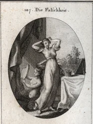 Allegory of falsehood. Her emblem is a siren looking at herself in a mirror. Engraving in 