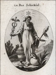 Allegory of fate. A star above it reflects reports of astrology on incidents of human life. He holds with one hand a deciduous symbol of his power and on the other a cattail symbol and a spindle whose broken thread indicates the fragility of life. The land