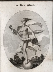Allegory of Fortune Represented with a Blindfold to Show That She Is Blind to Her Gifts. She Holds a Horn of Abundance of Scepters, Crowns, Jewels, and Coins. It