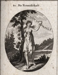 Allegory of friendship. Myrtle and pomegranate flowers on its crown are symbols of love and harmony. It shows a heart with this inscription: 