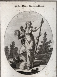 Allegory of health represented by a strong woman holding a rooster, an animal consecrated to Aesculapius, god of medicine. She holds a stick around which is a snake, a shedding animal least prone to disease. Engraving in "Iconologie oder Ideen aus dem