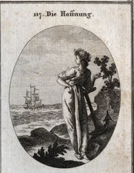 Allegory of Hope rests on an anchor and observing a ship on the horizon. Engraving in 