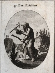 Allegory of imbecility or dementia represented by an old man on a reed, attribute of fragility and old age. He