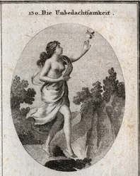 Allegory of inconsideration. She walks looking at a butterfly without seeing that there is a precipice at her feet. The compass and the rules show that she doesn