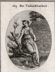 Allegory of ingratitude. A woman who warms a snake at her breast is bitten. The ivy branch is the symbol of ingratitude, as it destroys what serves as its support for rising. Engraving in “Iconologie oder Ideen aus dem Gebiete der Leidenschaften”