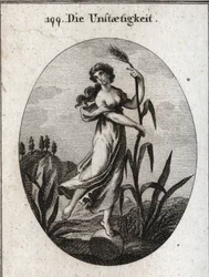 Allegory of instability stirred by the wind. It leans with both hands on a fragile reed and is placed only one foot on a ball. Engraving in 