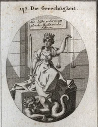 Allegory of Justice. Her Attributes Are Balance and Sword. She Sits in a Courtroom and Lends a Golden Crown on Her Head. Under Her Feet, Fraud Worried About Being Discovered Gnaws His Fists. Engraving in 