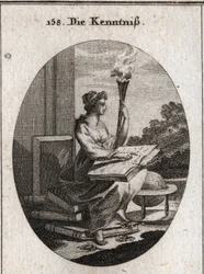Allegory of knowledge based on various volumes of authors with a book open on their knees. The torch is allusive to the light it diffuses in souls. Engraving in 